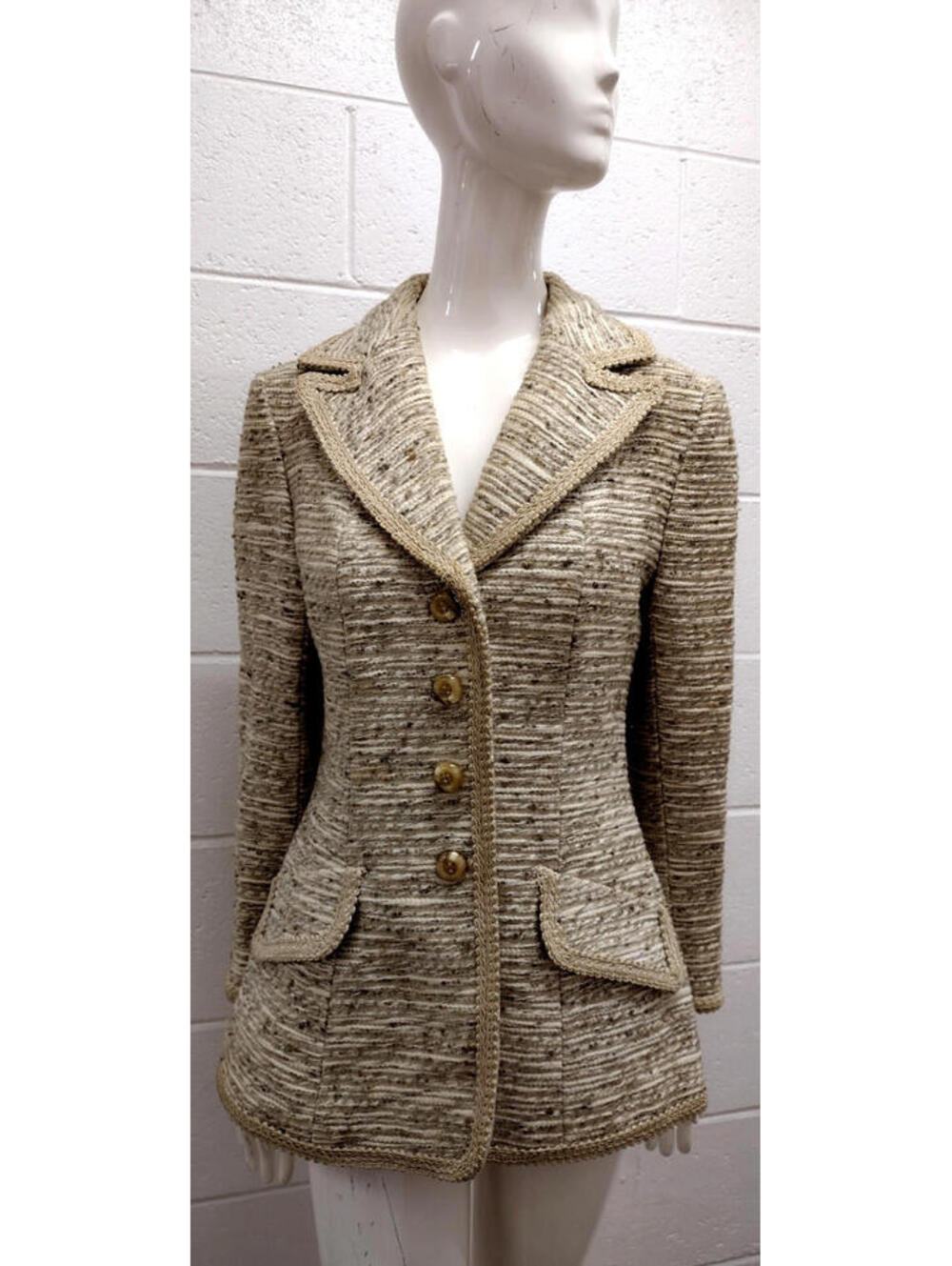 Lilli Ann Tailored Rich Jacket Wide Lapels Beige Brown Woven Carpet Material Med